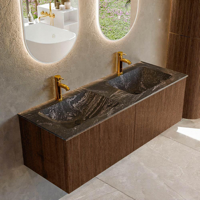 MONDIAZ KURVE-DLUX 130cm badmeubel kleur Walnut met 2 lades. Wastafel LEAF dubbel 2 kraangaten kleur Lava.