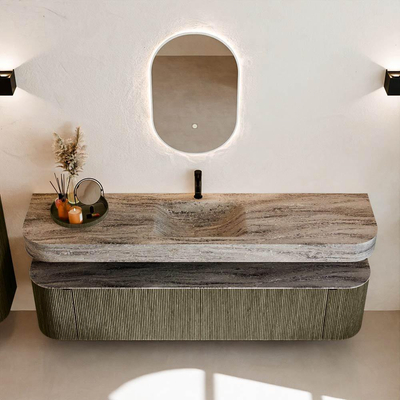 MONDIAZ THOR-DLUX Meuble de salle de bains 190cm arrondi gauche + droite couleur Shadow avec 2 tiroirs et 2 portes. Vasque suspendue CLOUD Milieu 1 trou de robinet couleur Oza.