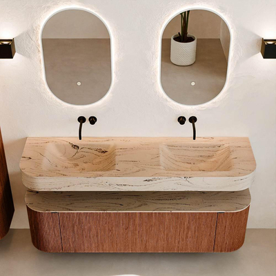 MONDIAZ THOR-DLUX 160cm meuble de salle de bains arrondi gauche + droite couleur Ruby avec 1 tiroir et 2 portes. Vasque suspendue CLOUD Double sans trou de robinet couleur Arena.