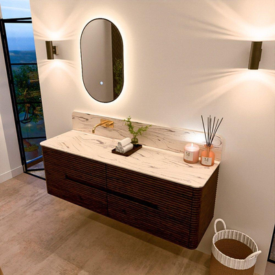 Mondiaz CIRO-DLUX Meuble de salle de bains - 150x45x50cm - Plan vasque solid surface Nata - 1 vasque à gauche - sans trous de robinetterie - 4 tiroirs - Noyer