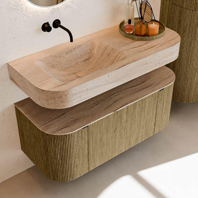 MONDIAZ THOR-DLUX Meuble de salle de bains 110cm arrondi gauche + droite couleur Dusk avec 1 tiroir et 2 portes. Vasque suspendue CLOUD Gauche sans trou de robinet couleur Saba.