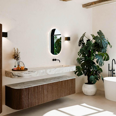 MONDIAZ THOR-DLUX 180cm meuble de salle de bains arrondi gauche + droite couleur Walnut avec 2 tiroirs et 2 portes. Vasque suspendue CLOUD Droite sans trou de robinet couleur Glace.