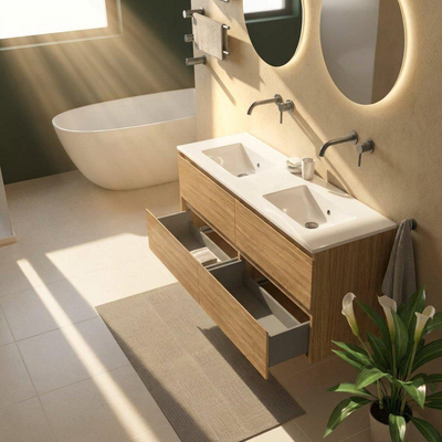 Saniclass Holz Pure Ensemble de meubles de salle de bains - 140x45x62cm - Lavabo en céramique Vygo blanc - 2 vasques - sans trous de robinetterie - 4 tiroirs - chêne natural brillant (bois)