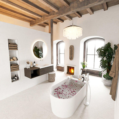 MONDIAZ BUKLA Meuble de salle de bains 120 cm avec module ouvert 40 couleur Dark Brown avec 1 tiroir. Lavabo CLOUD à droite 0 trous de robinet couleur Talc.