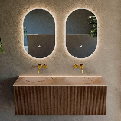 MONDIAZ KURVE-DLUX 120cm badmeubel kleur Walnut met 1 lade en 0 deuren. Wastafel LEAF Dubbel zonder kraangat Arena.