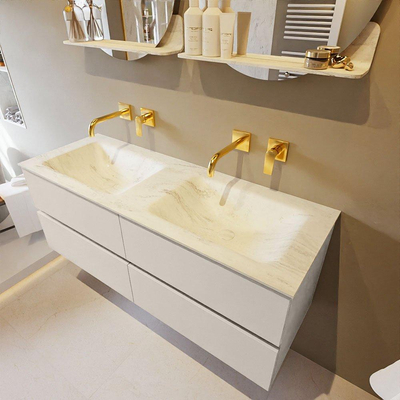 Mondiaz VICA-DLUX ensemble de meuble de salle de bain - 130cm - meuble sous-vasque lin - 4 tiroirs - lavabo encastrée nuage double - sans trous de robinet - version haute de 60cm - opalo