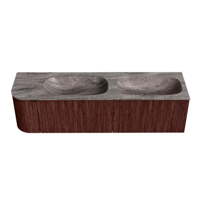 MONDIAZ KURVE-DLUX Meuble de salle de bains 165cm arrondi à gauche couleur Ruby avec 2 tiroirs et 1 porte. Lavabo STOR SMALL Double / Droite 2 trous de robinet Oza.