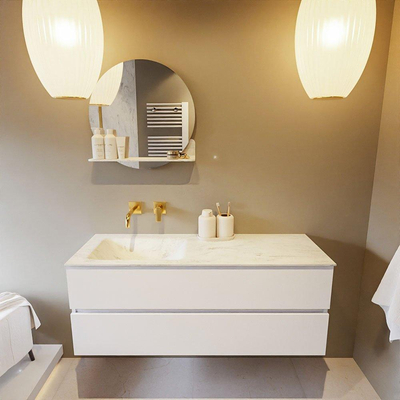 Mondiaz VICA-DLUX ensemble de meuble de salle de bain - 130cm - meuble sous vasque talc - 2 tiroirs - lavabo encastré cloud gauche - sans trous de robinet - version haute de 60cm - opalo