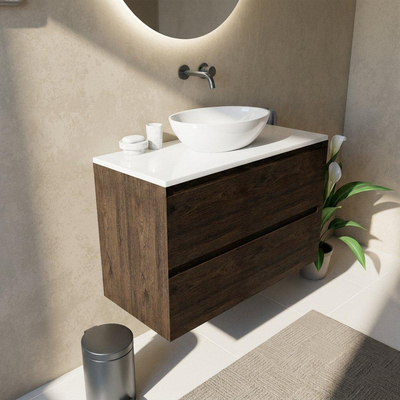 Saniclass Holz Pure Ensemble meuble de salle de bains - 100x45x62.5cm - plan de travail Torino en solid surface blanc - sans trou de robinetterie - 2 tiroirs - chêne charcoal mat (bois)