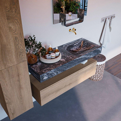 Mondiaz ALAN-DLUX Ensemble de meuble - 120cm - meuble Washed Oak mat - 1 tiroir - Lavabo Cloud Lava suspendu - vasque Droite - 0 trous de robinet