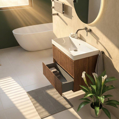 Saniclass Holz Atelier Ensemble meuble de salle de bains - 80x45x67.5cm - lavabo Wave en céramique - 1 vasque - sans trou de robinetterie - 2 tiroirs - walnut pure mat (bois)