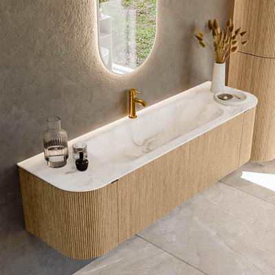 MONDIAZ KURVE-DLUX meuble de salle de bains 160 cm avec module 25 Len R couleur chêne avec 1 tiroir et 2 portes. Lavabo BIG MEDIUM central 1 trou de robinet couleur Frappe.