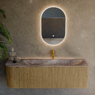 MONDIAZ KURVE-DLUX meuble de salle de bains 145cm arrondi à gauche couleur Dusk avec 1 tiroir et 1 porte. Lavabo BIG LARGE à droite 1 trou de robinet Oza.