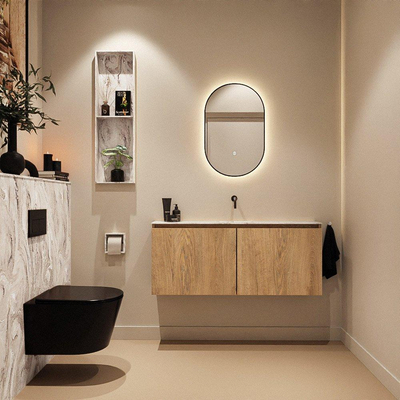 MONDIAZ TURE-DLUX Meuble toilette - 120cm - Washed Oak - EDEN - vasque Glace - position centrale - sans trou de robinet