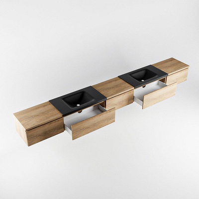 MONDIAZ BUKLA meuble de salle de bain 340cm avec module 60 couleur Chêne blanchi avec 5 tiroirs. Lavabo CLOUD double 0 trou de robinet couleur Urbain.