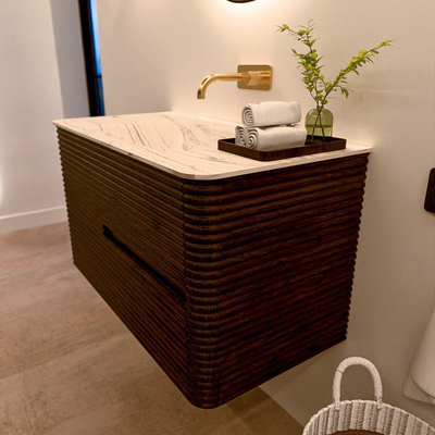 Mondiaz CIRO-DLUX Badkamermeubelset - 90x45x50cm - Solid surface wastafel Nata - 1 wasbak Midden - zonder kraangaten - 2 lades - Walnut