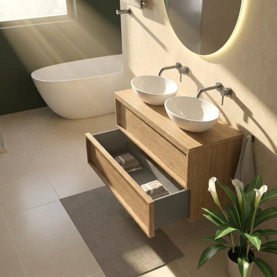 Saniclass Holz Frame Ensemble de meubles de salle de bains - 120x45x63cm - Plan de toilette en pierre naturelle travertin - sans trou de robinet - 2 tiroirs - chêne naturel mat (bois)