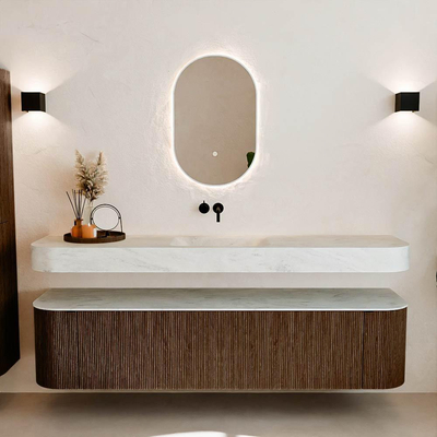 MONDIAZ THOR-DLUX 190cm badmeubel ronding links + rechts kleur Walnut met 2 lades en 2 deuren. Vrijhangende wastafel CLOUD Midden zonder kraangat kleur Opalo.