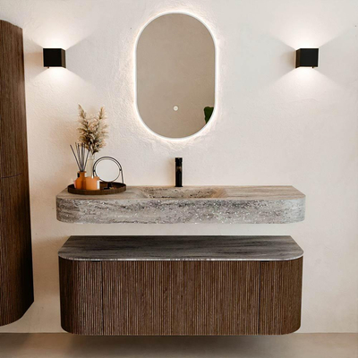 MONDIAZ THOR-DLUX 130cm badmeubel ronding links + rechts kleur Walnut met 1 lade en 2 deuren. Vrijhangende wastafel CLOUD Midden 1 kraangat kleur Oza.