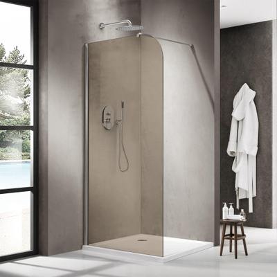 Fortifura Galeria Douche à l'italienne - 90x200cm - paroi en verre arrondie - verre fumé - bras mural - Chrome