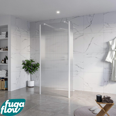 FugaFlow Eccelente Vetro Vrijstaande inloopdouche badkamer - 90x200cm - Helder geribbeld - antikalk - 8mm veiligheidsglas - 2 zijwanden 40cm - met wandarmen en hoekprofielen - Wit mat -