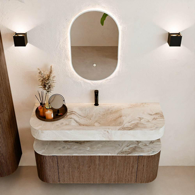 MONDIAZ THOR-DLUX 130cm meuble de salle de bains arrondi gauche + droite couleur Walnut avec 1 tiroir et 2 portes. Vasque suspendue CLOUD Milieu 1 trou de robinet couleur Frappe.