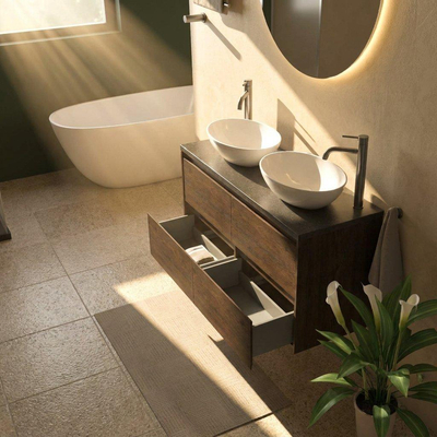 Saniclass Holz Pure Ensemble meuble de salle de bains - 120x45x63cm - Plan vasque en basalte Noche poli (noir) - 2 trous de robinet - 4 tiroirs - chêne charcoal mat (bois)