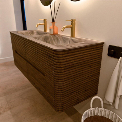 Mondiaz CIRO-DLUX Badkamermeubelset - 130x45x50cm - Solid surface wastafel Sombra - 2 wasbak Dubbel - 2 kraangaten - 4 lades - Dusk