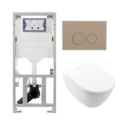 Villeroy Boch Subway 2.0 DirectFlush Toiletset - softclose - geberit reservoir - qeramiq bedieningsplaat taupe ronde knoppen - wit