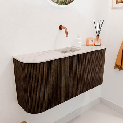 Mondiaz JOYA-DLUX 93.2cm toiletmeubel - ronding links en rechts kleur Walnut - Wastafel FAYE positie Midden Zonder kraangat kleur Nata.