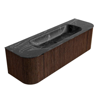 MONDIAZ KURVE-DLUX 150cm badmeubel met module 25 Len R kleur Walnut met 1 lade en 2 deuren. Wastafel BIG MEDIUM midden zonder kraangat kleur Lava.