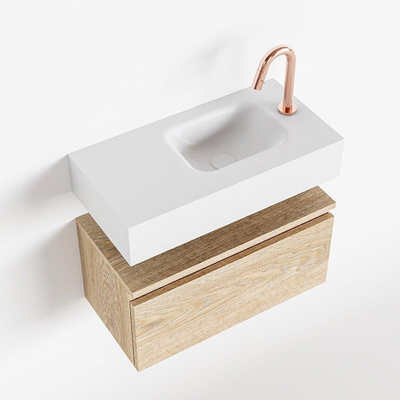 MONDIAZ ANDOR Meuble de WC - 60x30x30cm - 1 trou de robinet - 1 tiroir - chêne blanchi mat - lavabo à droite - Solid surface - Blanc