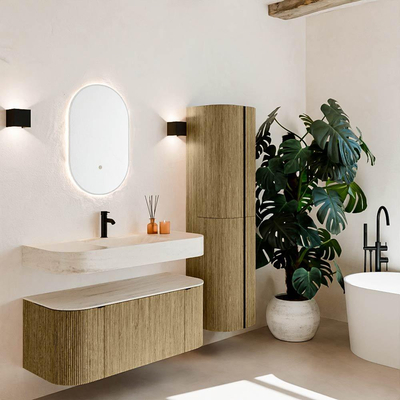 MONDIAZ THOR-DLUX Meuble de salle de bains 110cm arrondi gauche + droite couleur Dusk avec 1 tiroir et 2 portes. Vasque suspendue CLOUD Milieu 1 trou de robinet couleur Meli.