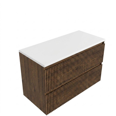 Saniclass Holz Atelier Ensemble de meubles de salle de bains - 100x45x62.5cm - Plan de toilette Torino en solid surface blanc - sans trou de robinetterie - 2 tiroirs - chêne charcoal mat (bois)