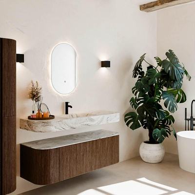 MONDIAZ THOR-DLUX 140cm meuble de salle de bains arrondi gauche + droite couleur Walnut avec 1 tiroir et 2 portes. Vasque suspendue CLOUD Milieu 1 trou de robinet couleur Glace.