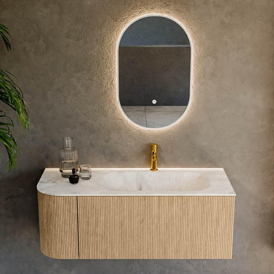 MONDIAZ KURVE-DLUX 115cm Meuble salle de bain avec module 25 G - couleur Oak - 1 tiroir - 1 porte - vasque BIG SMALL droite - 1 trou de robinet - couleur Frappe