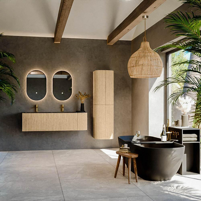 MONDIAZ KURVE-DLUX Meuble de salle de bains 145 cm avec module 25 R couleur Chêne avec 1 tiroir et 1 porte. Lavabo LEAF double / gauche 2 trous de robinet couleur Lava.