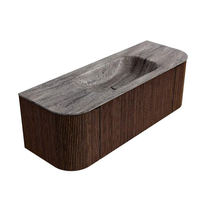 MONDIAZ KURVE-DLUX 130cm badmeubel ronding Links + Rechts kleur Walnut met 1 lade en 2 deuren. Wastafel BIG SMALL Midden zonder kraangat Oza.
