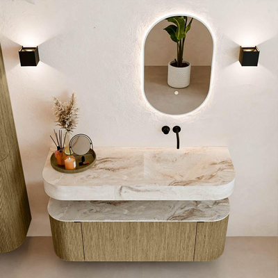 MONDIAZ THOR-DLUX 130cm meuble de salle de bains arrondi gauche + droite couleur Dusk avec 1 tiroir et 2 portes. Vasque suspendue CLOUD Droite sans trou de robinet couleur Frappe.