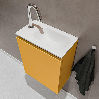 MONDIAZ TURE Fonteinset - 40x23x50cm - 1 kraangat - 1 deur - ocher mat - Wasbak rechts - Solid Surface Wit