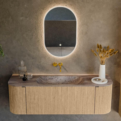 MONDIAZ KURVE-DLUX 140cm badmeubel ronding Links + Rechts kleur Oak met 1 lade en 2 deuren. Wastafel BIG SMALL Midden zonder kraangat Oza.