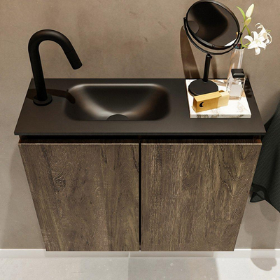 MONDIAZ TURE Kit lave-mains - 60x23x50cm - 1 trou de robinet - 2 portes - marron foncé mat - Lavabo à gauche - Solid Surface Noir