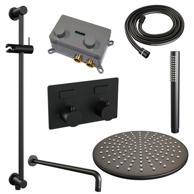 BRAUER Black Edition Douche de tête thermostatique encastrée - boutons-poussoirs - SET 64 - pomme de douche 30 cm - bras mural courbé - douchette barre - flexible de douche - barre de douche intégrée - noir mat