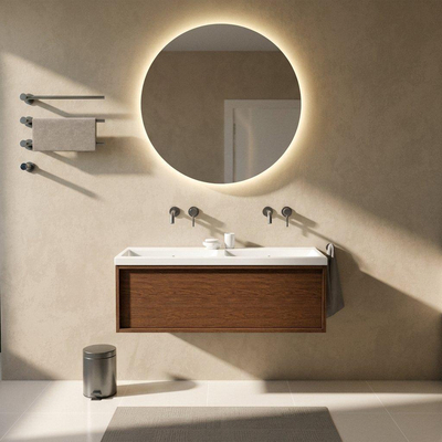 Saniclass Holz Frame Ensemble de meubles de salle de bains - 120x45x43.5cm - Bari lavabo en céramique blanc - 2 vasques - sans trous de robinetterie - 1 tiroir - mat walnut pure (bois)