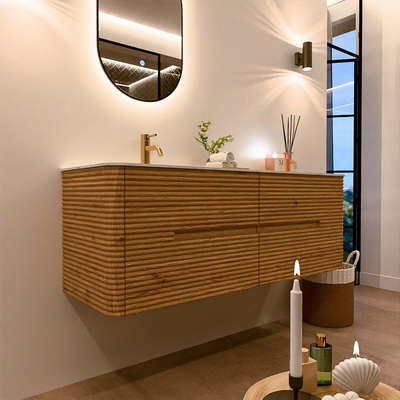 Mondiaz CIRO-DLUX Meuble de salle de bains - 140x45x50cm - Plan vasque Solid surface Opalo - 1 vasque à gauche - 1 trou de robinetterie - 4 tiroirs - Chêne