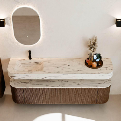 MONDIAZ THOR-DLUX 180cm badmeubel ronding links + rechts kleur Walnut met 2 lades en 2 deuren. Vrijhangende wastafel CLOUD Links 1 kraangat kleur Nata.