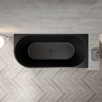 FugaFlow Eccelente Anta Half Vrijstaand Bad - 170x80x58cm - rechts - ribbel - met afvoer - mat zwart