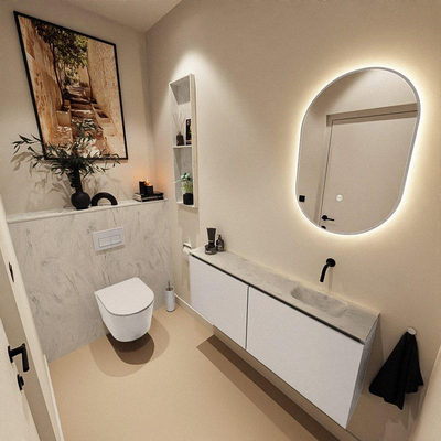 MONDIAZ TURE-DLUX Meuble de toilettes 120 cm Linen. Lavabo EDEN Opalo position droite. Sans trou de robinet.
