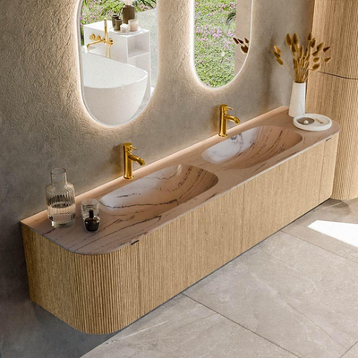 MONDIAZ KURVE-DLUX Meuble de salle de bains 190cm arrondi Gauche + Droite couleur Chêne avec 2 tiroirs et 2 portes. Lavabo STOR SMALL Double 2 trous de robinet Arena.