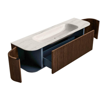 MONDIAZ KURVE-DLUX Meuble de salle de bains 160cm arrondi Gauche + Droite couleur Walnut avec 1 tiroir et 2 portes. Lavabo BIG MEDIUM Central 1 trou de robinet Meli.